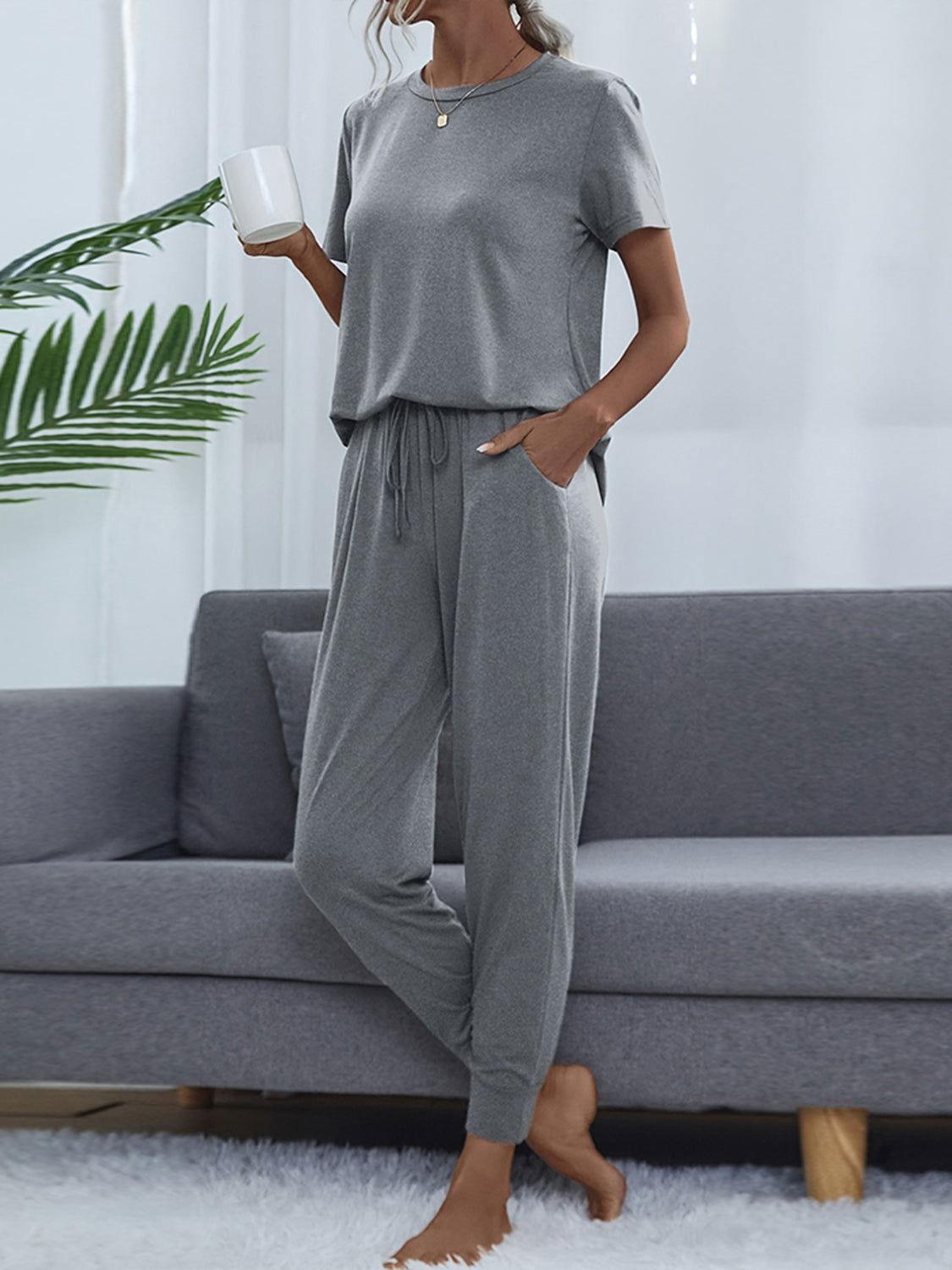Shiny Round Neck Short Sleeve Top and Pants Set - Clothes For Her Online Store