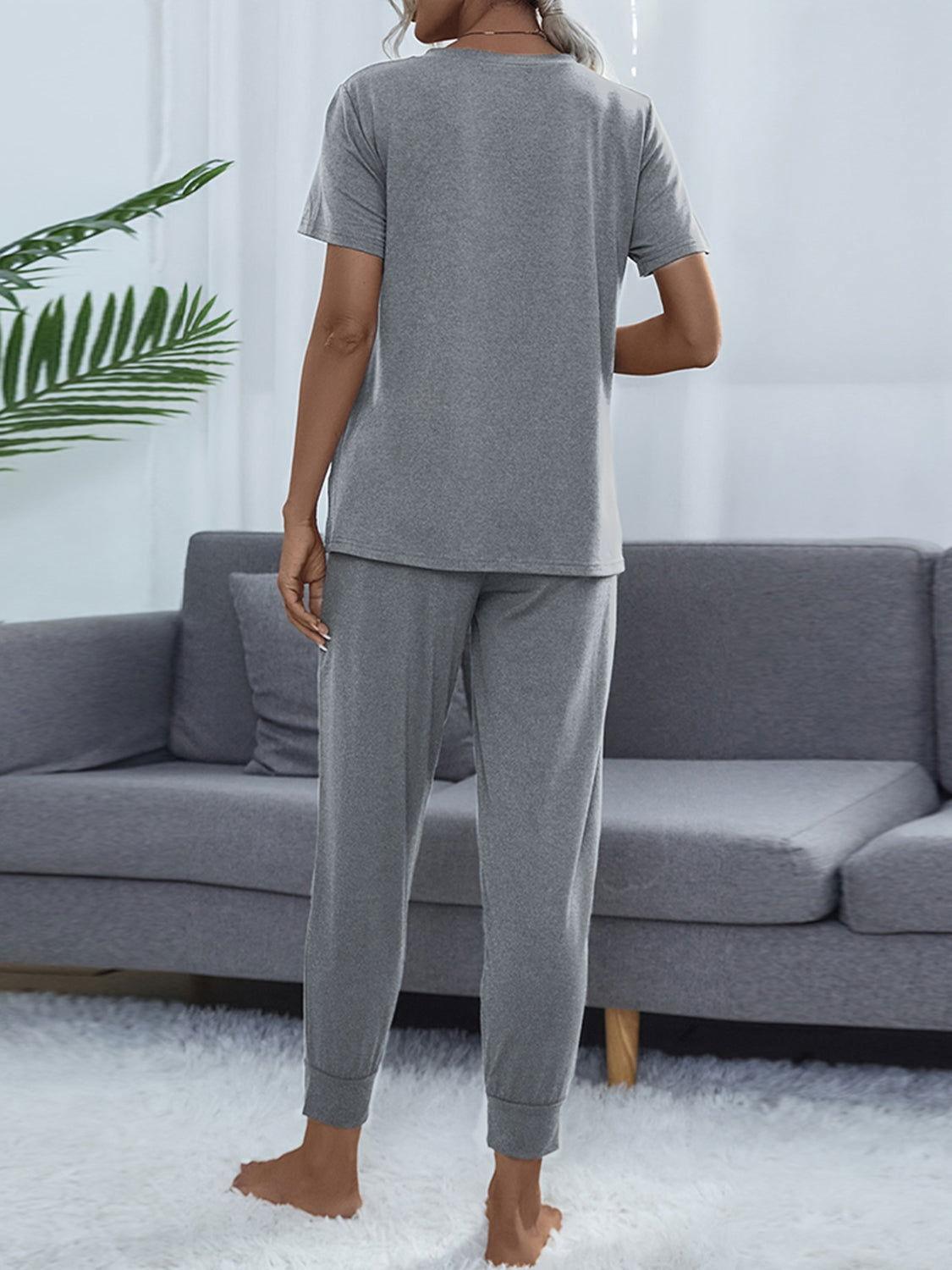 Shiny Round Neck Short Sleeve Top and Pants Set - Clothes For Her Online Store