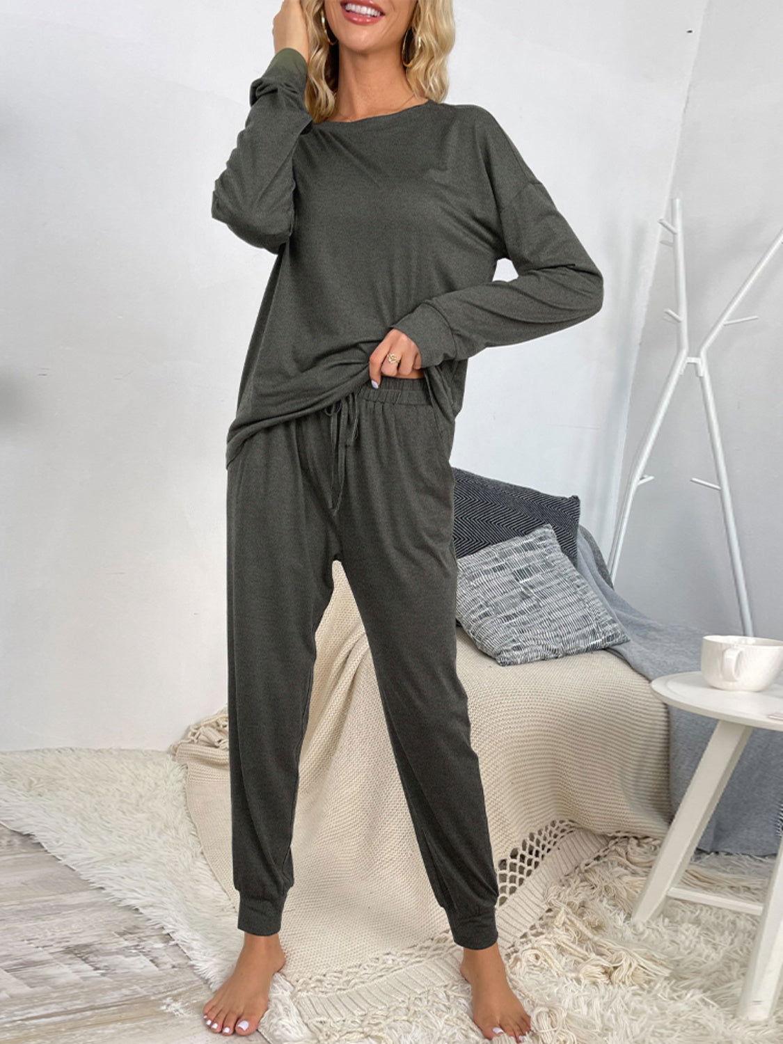 Shiny Round Neck Top and Drawstring Pants Lounge Set - Clothes For Her Online Store
