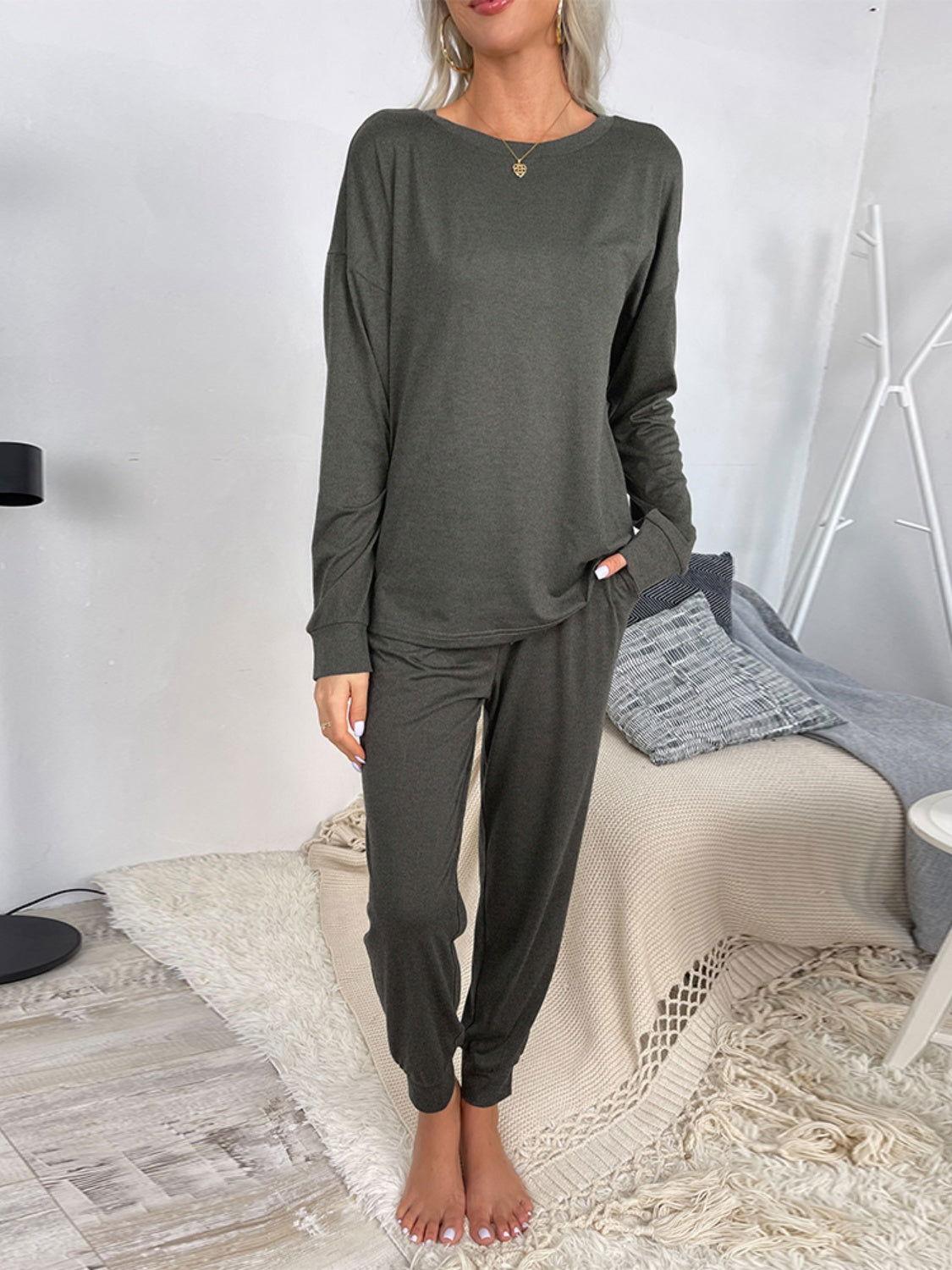 Shiny Round Neck Top and Drawstring Pants Lounge Set - Clothes For Her Online Store