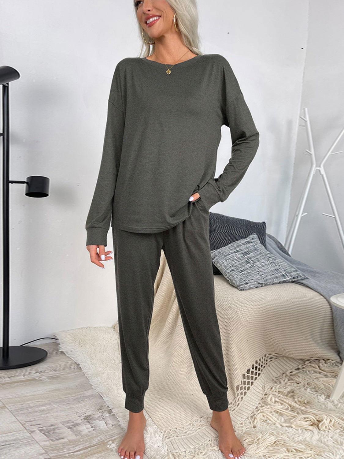 Shiny Round Neck Top and Drawstring Pants Lounge Set - Clothes For Her Online Store
