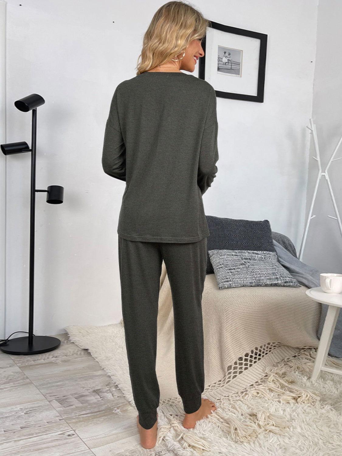 Shiny Round Neck Top and Drawstring Pants Lounge Set - Clothes For Her Online Store