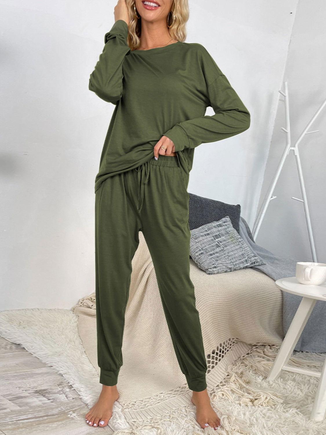 Shiny Round Neck Top and Drawstring Pants Lounge Set - Clothes For Her Online Store