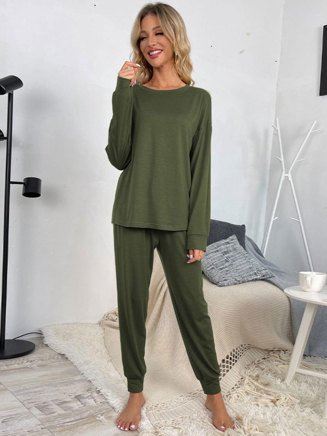 Shiny Round Neck Top and Drawstring Pants Lounge Set - Clothes For Her Online Store