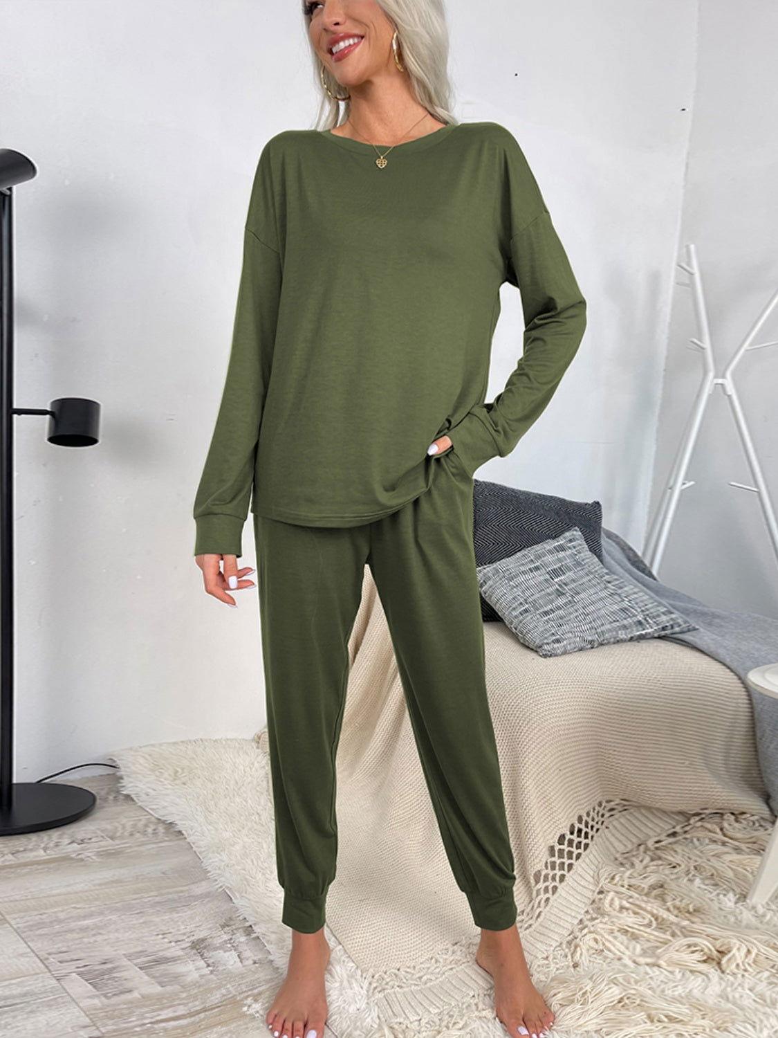 Shiny Round Neck Top and Drawstring Pants Lounge Set - Clothes For Her Online Store
