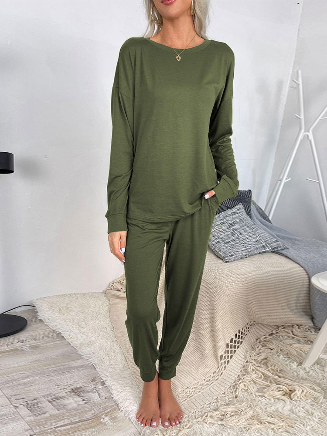 Shiny Round Neck Top and Drawstring Pants Lounge Set - Clothes For Her Online Store