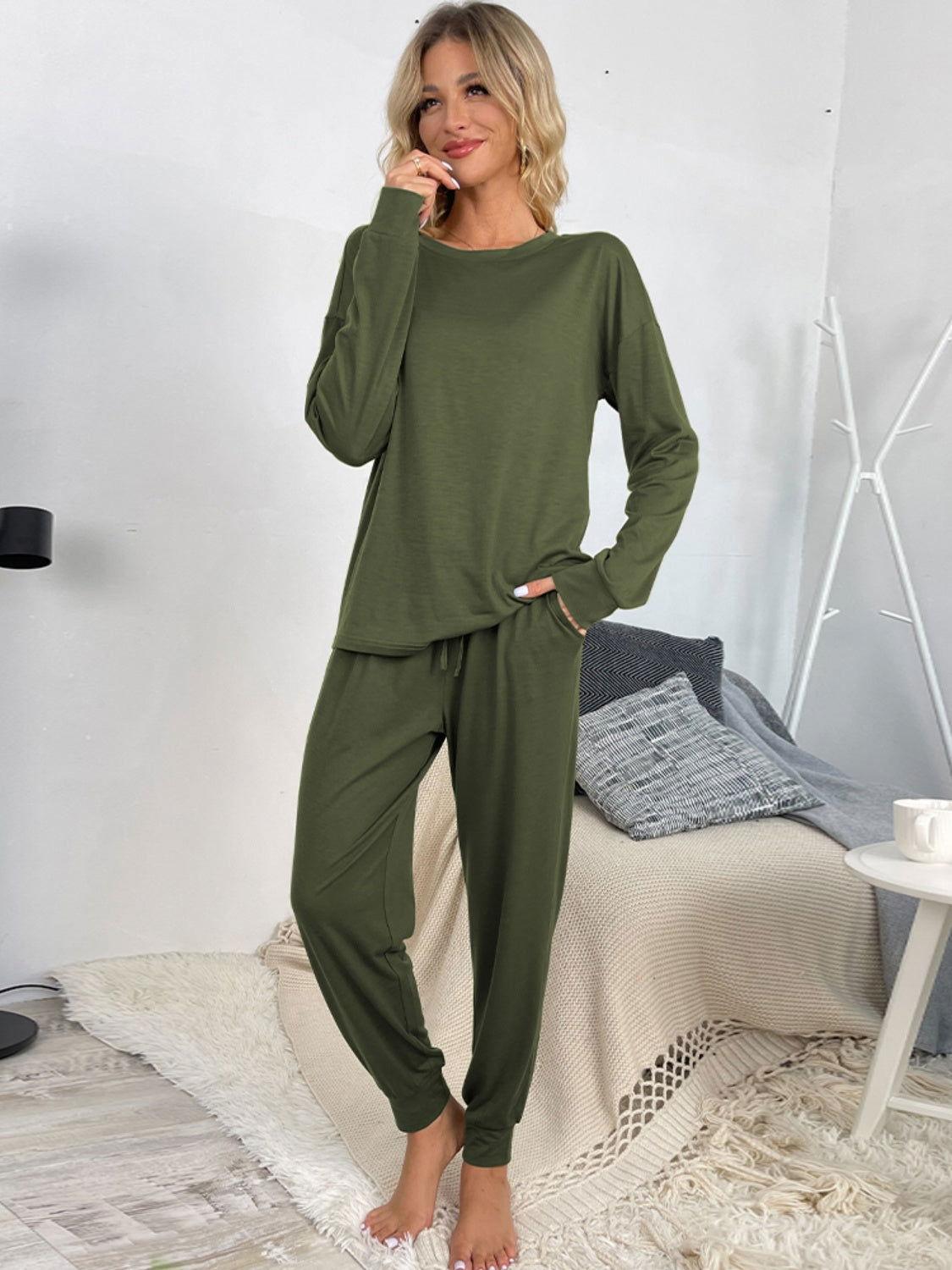 Shiny Round Neck Top and Drawstring Pants Lounge Set - Clothes For Her Online Store