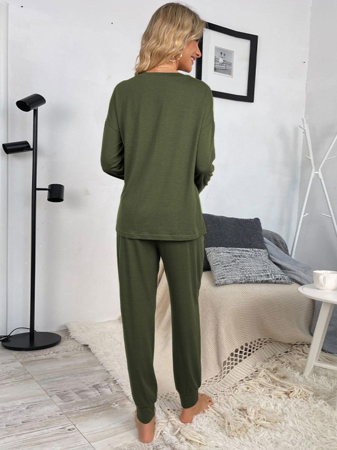 Shiny Round Neck Top and Drawstring Pants Lounge Set - Clothes For Her Online Store