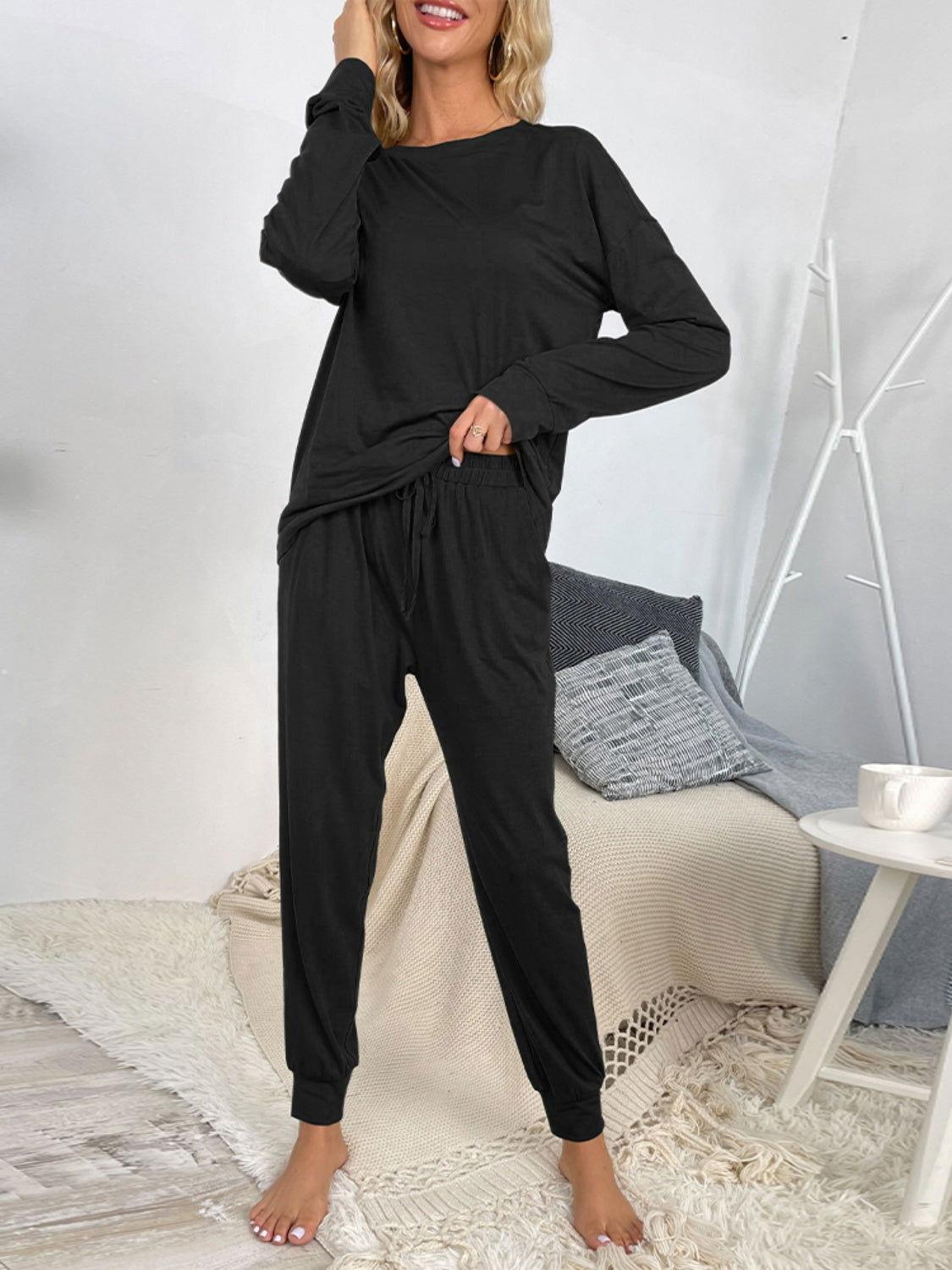Shiny Round Neck Top and Drawstring Pants Lounge Set - Clothes For Her Online Store
