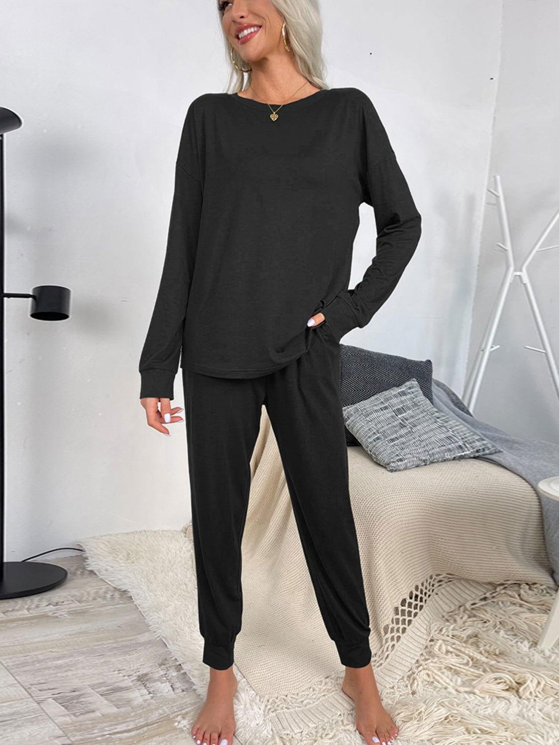 Shiny Round Neck Top and Drawstring Pants Lounge Set - Clothes For Her Online Store