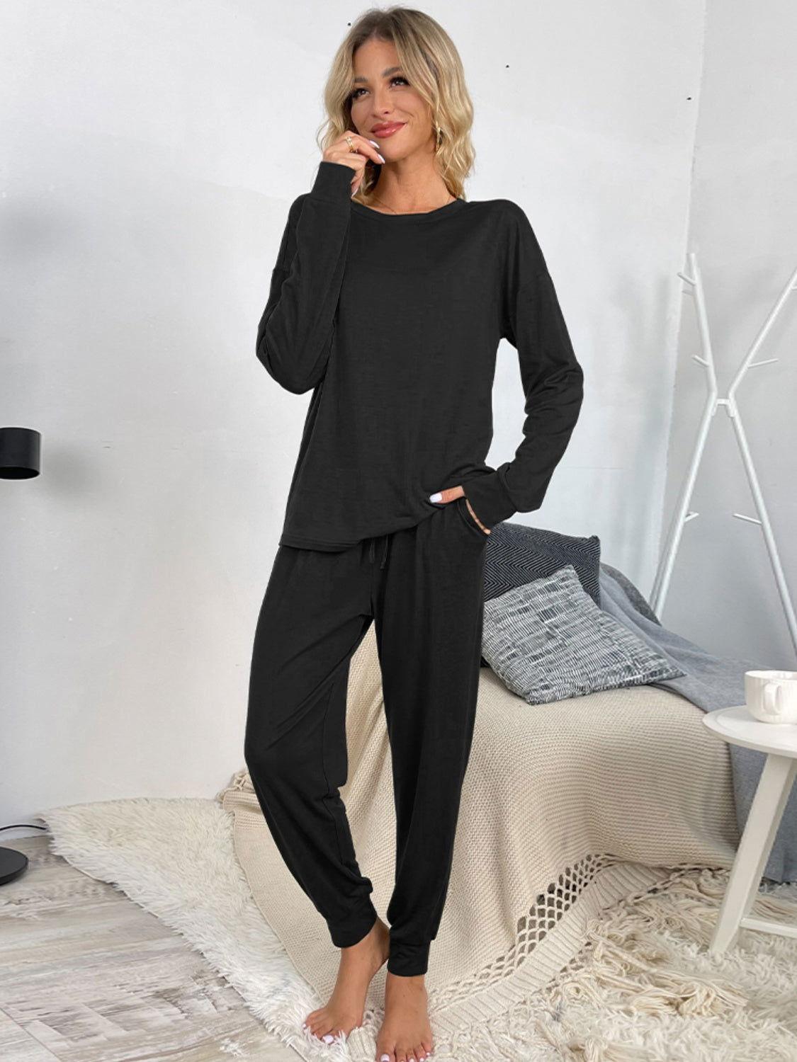 Shiny Round Neck Top and Drawstring Pants Lounge Set - Clothes For Her Online Store