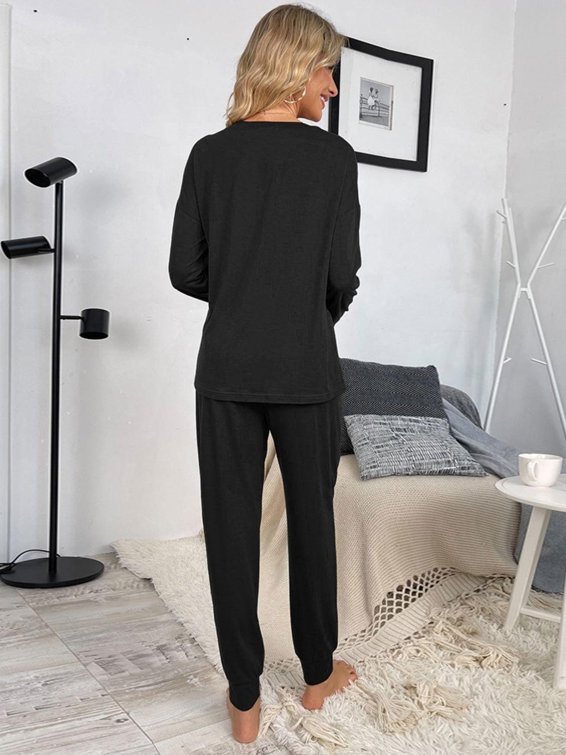Shiny Round Neck Top and Drawstring Pants Lounge Set - Clothes For Her Online Store