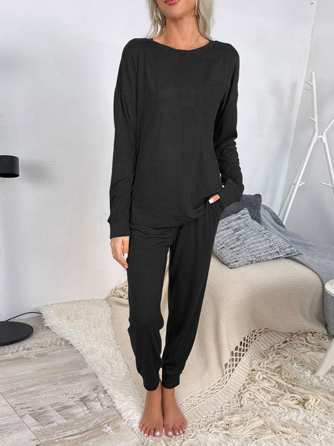 Shiny Round Neck Top and Drawstring Pants Lounge Set - Clothes For Her Online Store