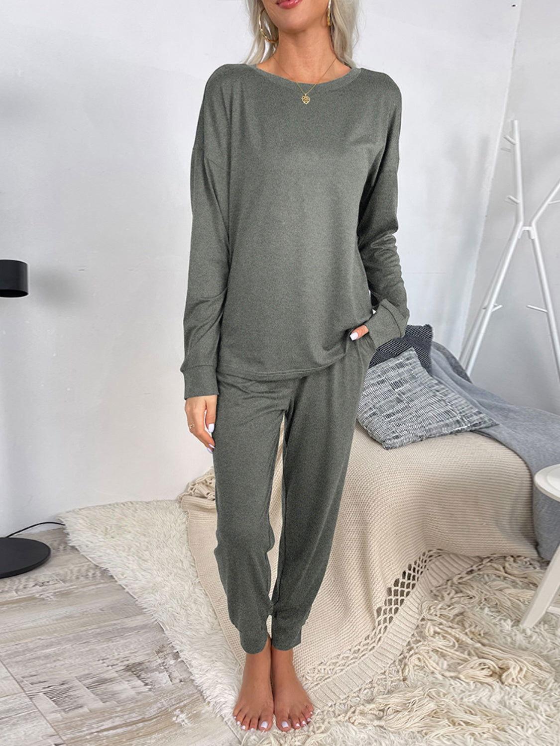 Shiny Round Neck Top and Drawstring Pants Lounge Set - Clothes For Her Online Store