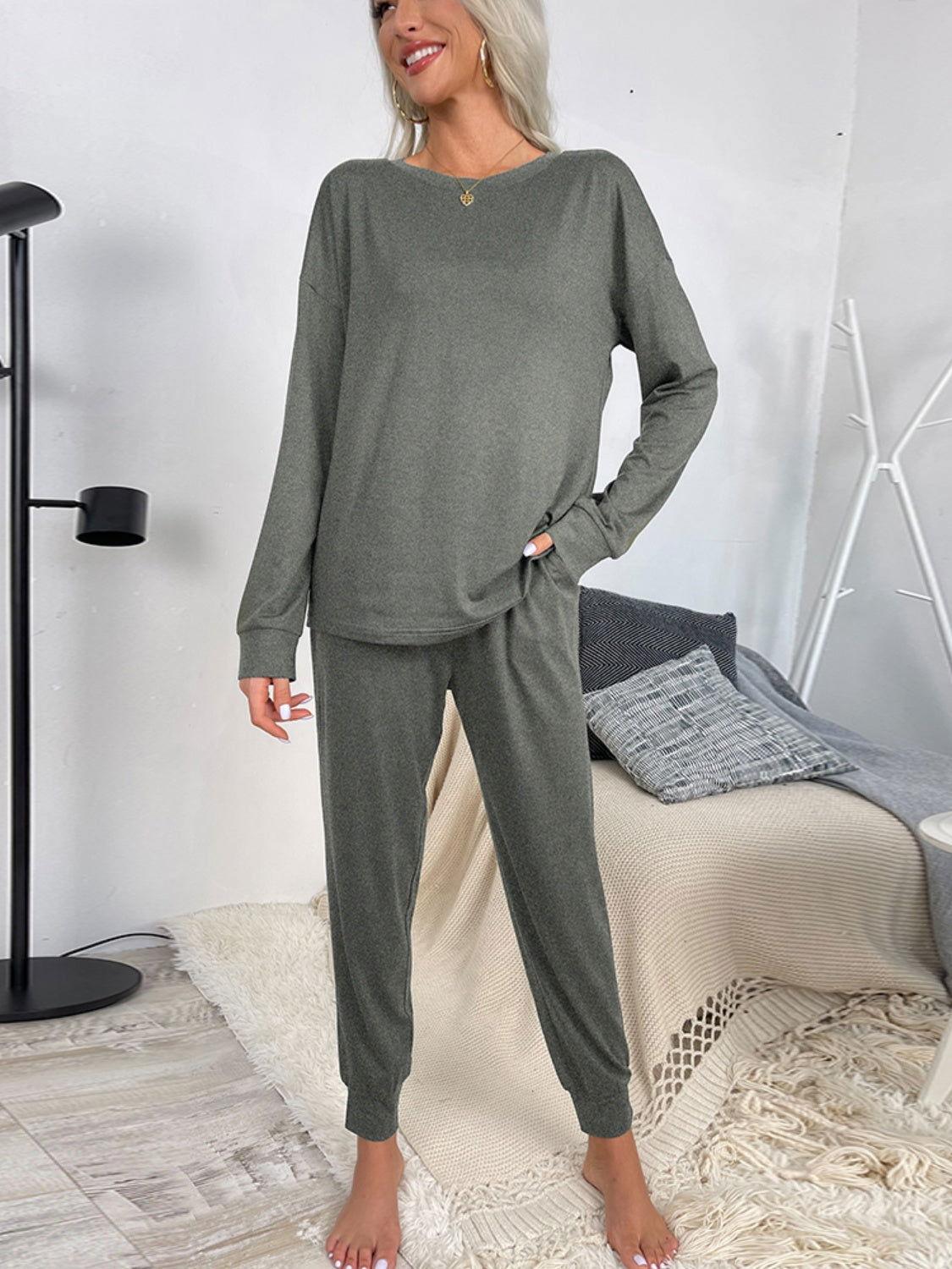 Shiny Round Neck Top and Drawstring Pants Lounge Set - Clothes For Her Online Store
