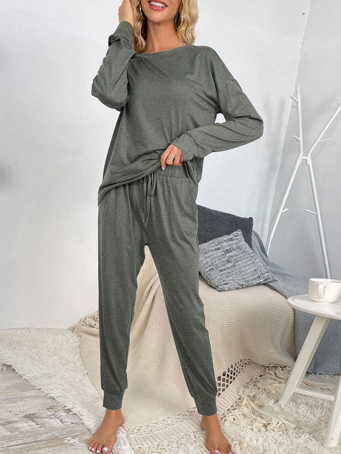 Shiny Round Neck Top and Drawstring Pants Lounge Set - Clothes For Her Online Store