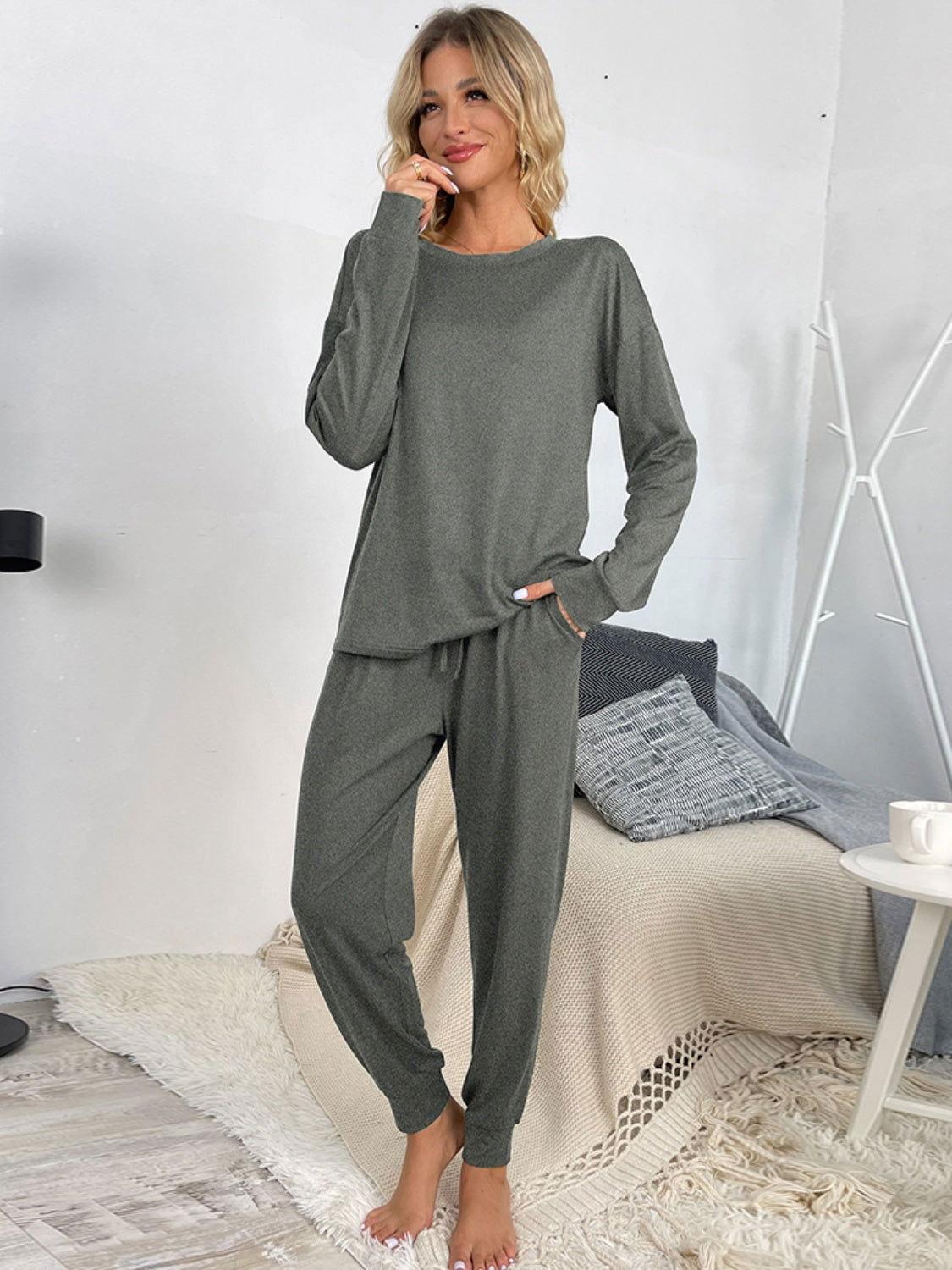 Shiny Round Neck Top and Drawstring Pants Lounge Set - Clothes For Her Online Store