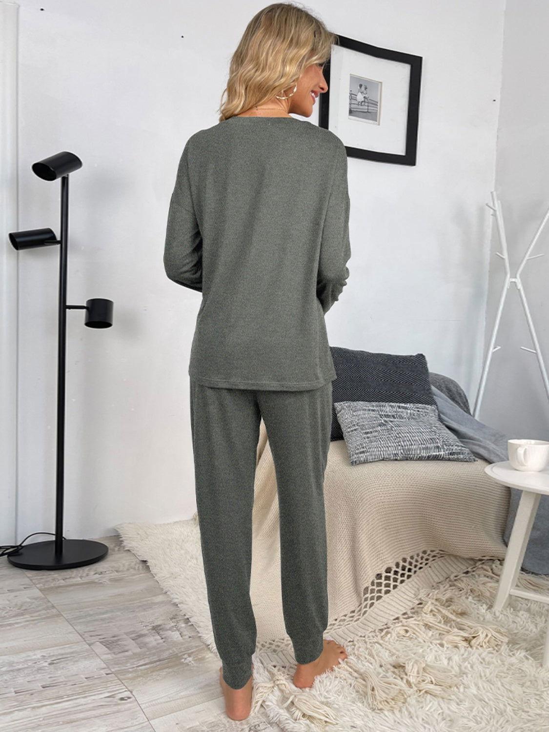 Shiny Round Neck Top and Drawstring Pants Lounge Set - Clothes For Her Online Store