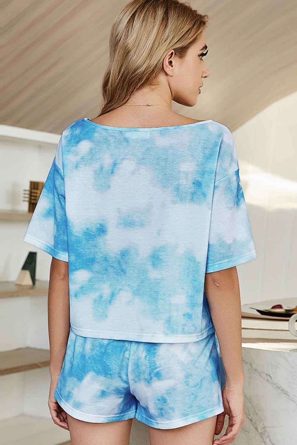Shiny Tie-Dye Boat Neck Top and Shorts Lounge Set - Clothes For Her Online Store