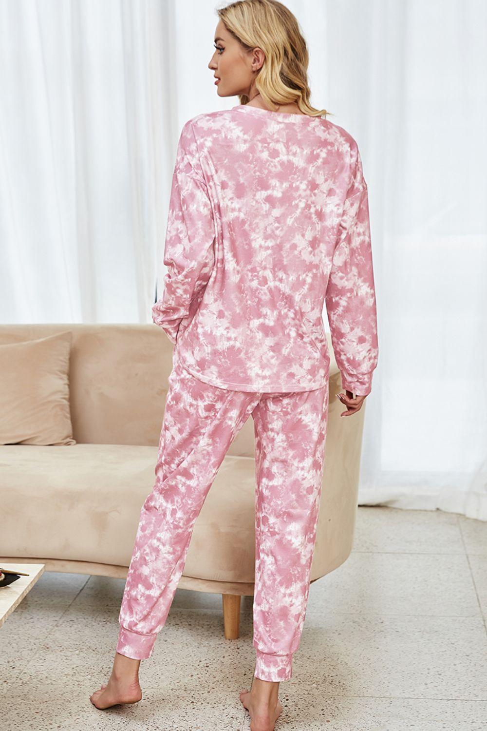Shiny Tie-Dye Long Sleeve Top and Drawstring Joggers Lounge Set - Clothes For Her Online Store