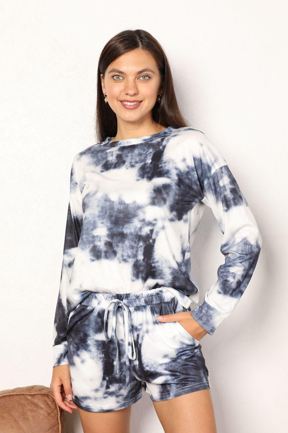 Shiny Tie-Dye Round Neck Top and Shorts Lounge Set - Clothes For Her Online Store