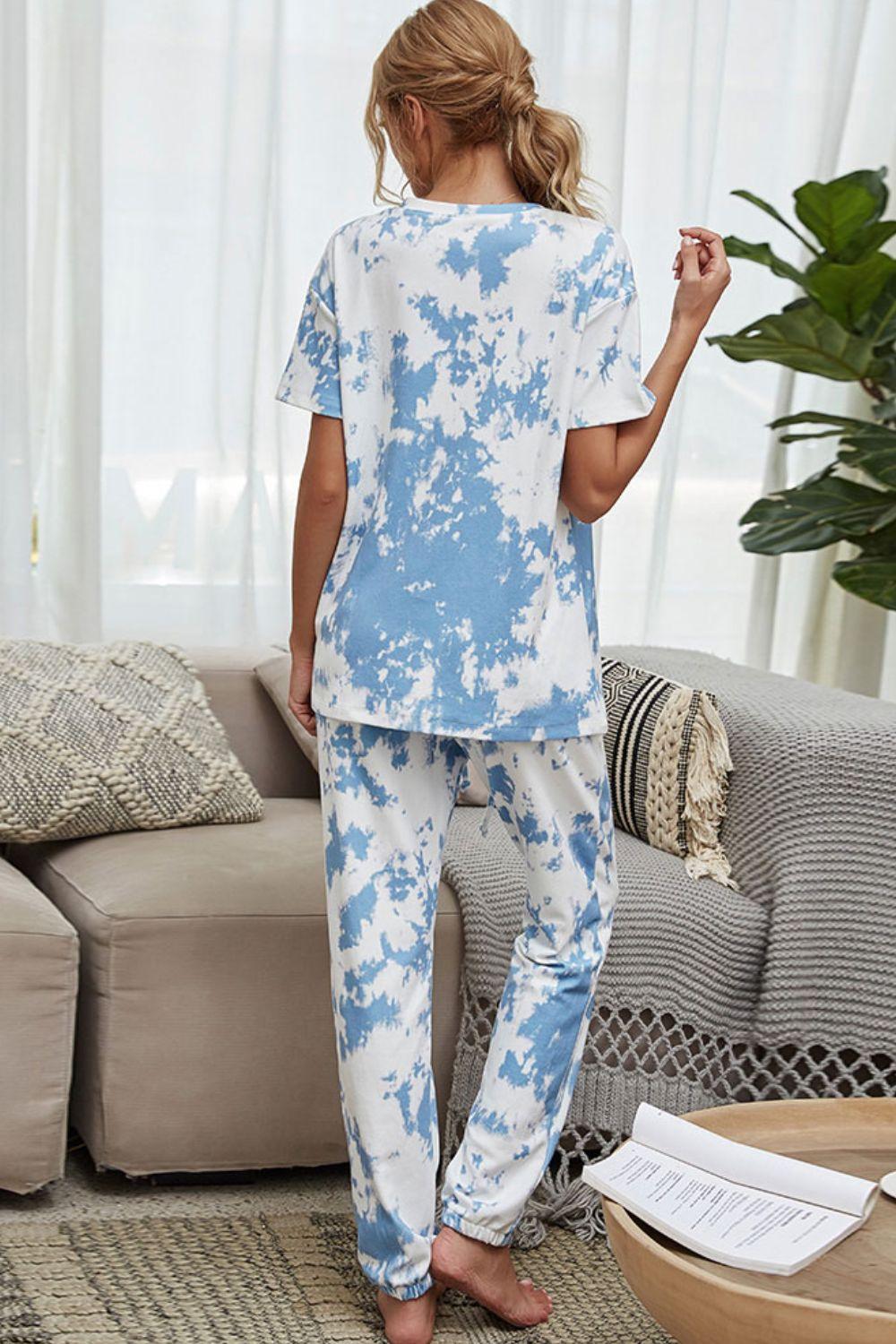 Shiny Tie-Dye Tee and Drawstring Waist Joggers Lounge Set - Clothes For Her Online Store