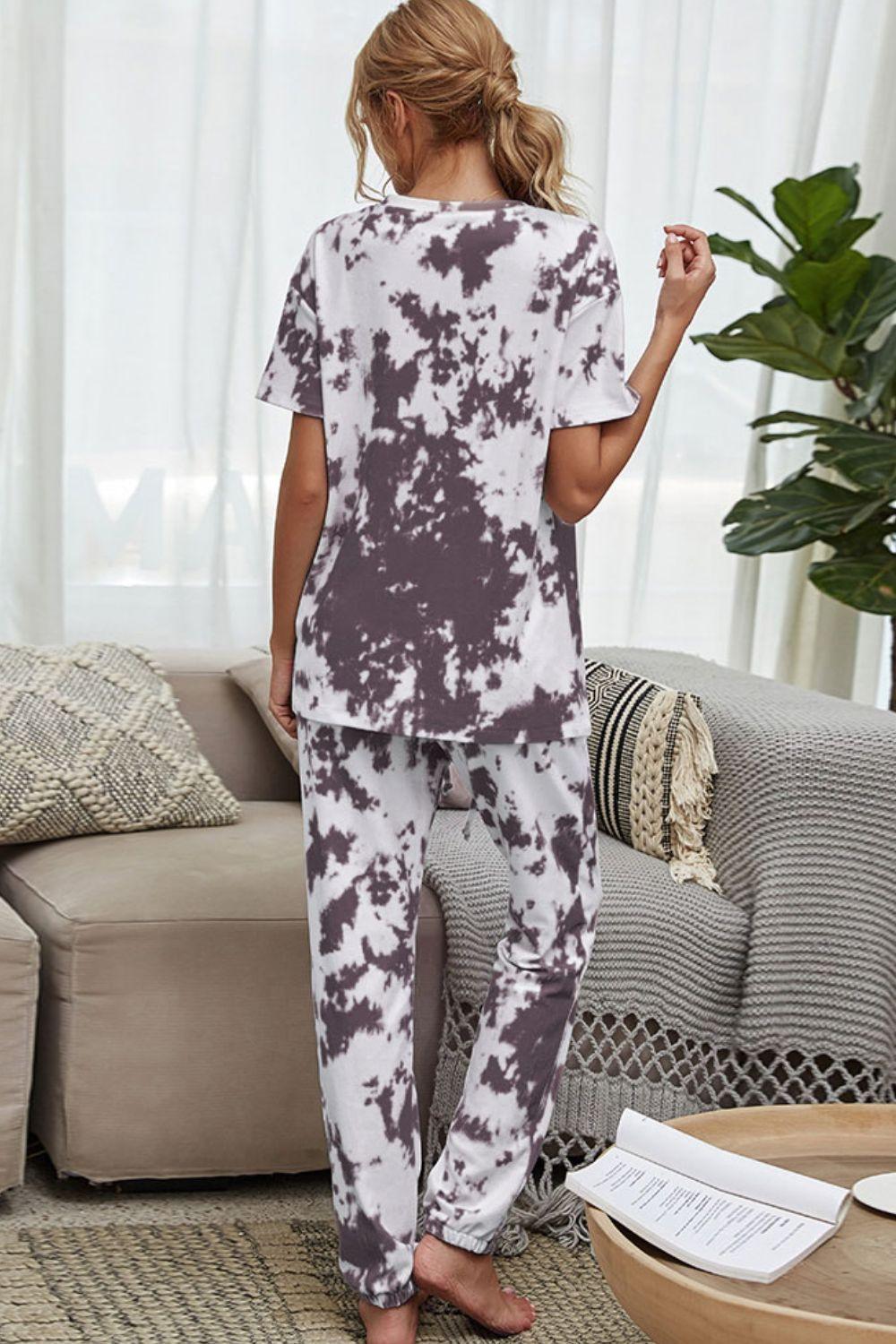 Shiny Tie-Dye Tee and Drawstring Waist Joggers Lounge Set - Clothes For Her Online Store