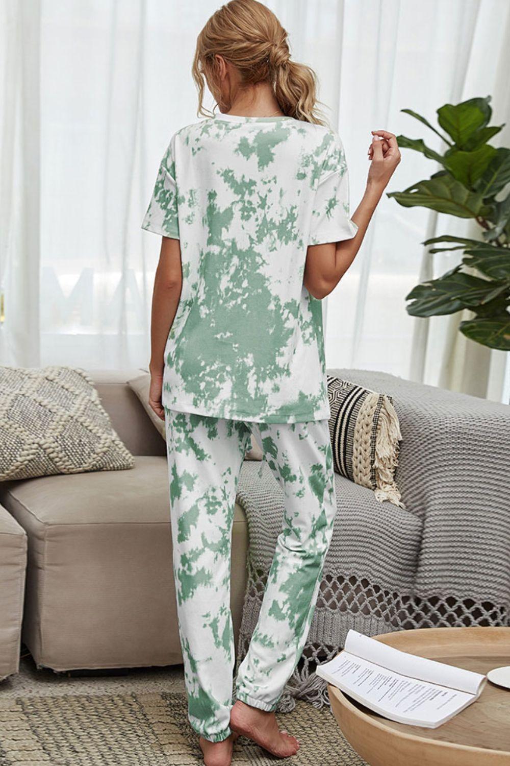 Shiny Tie-Dye Tee and Drawstring Waist Joggers Lounge Set - Clothes For Her Online Store