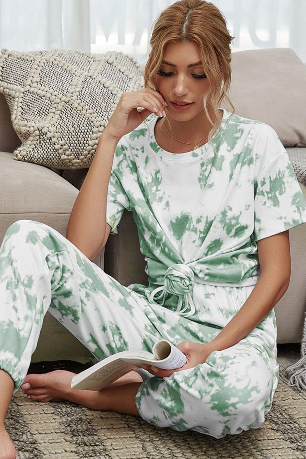 Shiny Tie-Dye Tee and Drawstring Waist Joggers Lounge Set - Clothes For Her Online Store