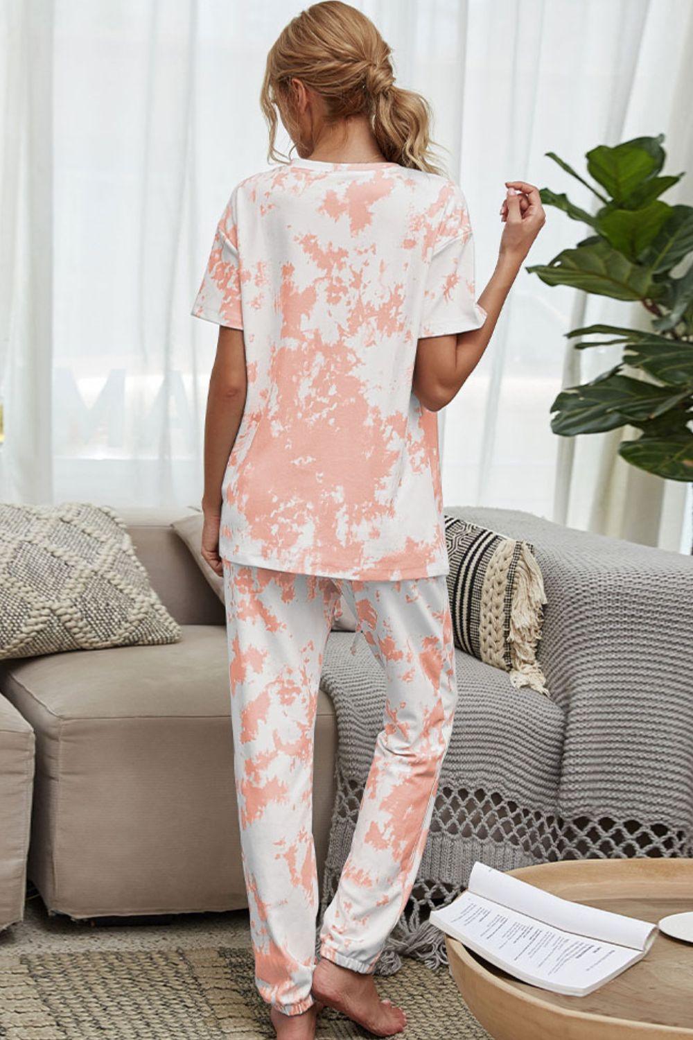 Shiny Tie-Dye Tee and Drawstring Waist Joggers Lounge Set - Clothes For Her Online Store