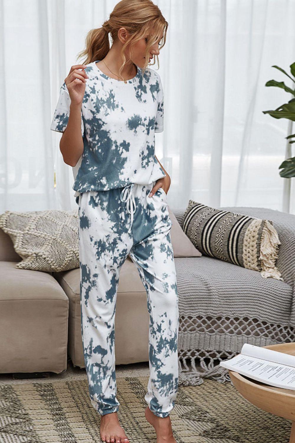 Shiny Tie-Dye Tee and Drawstring Waist Joggers Lounge Set - Clothes For Her Online Store