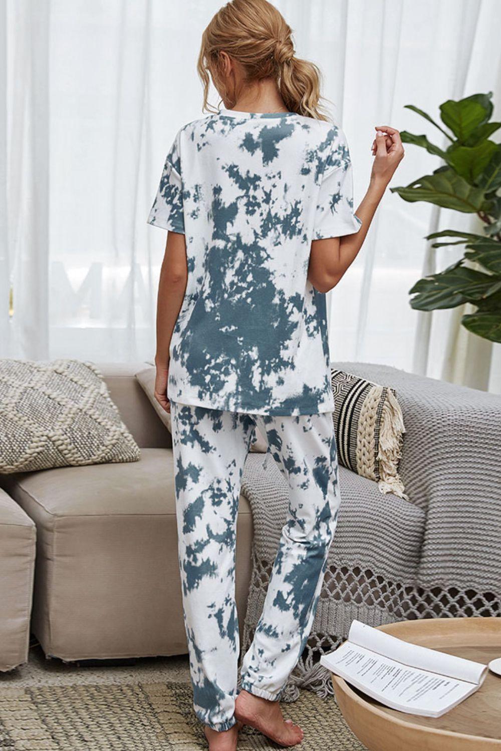 Shiny Tie-Dye Tee and Drawstring Waist Joggers Lounge Set - Clothes For Her Online Store