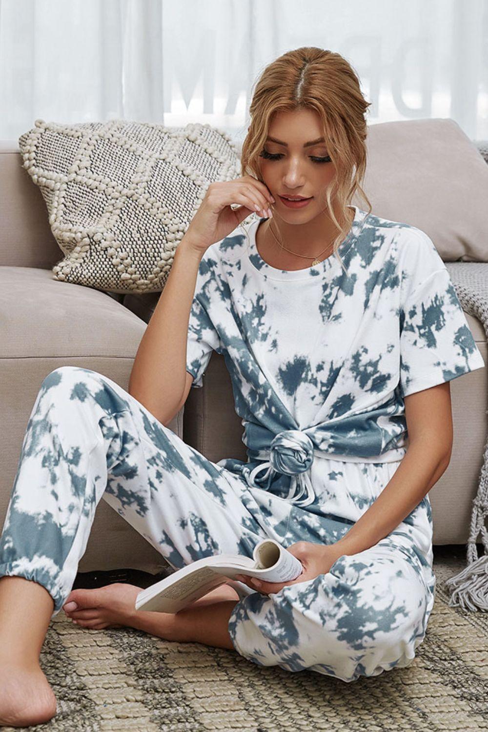 Shiny Tie-Dye Tee and Drawstring Waist Joggers Lounge Set - Clothes For Her Online Store