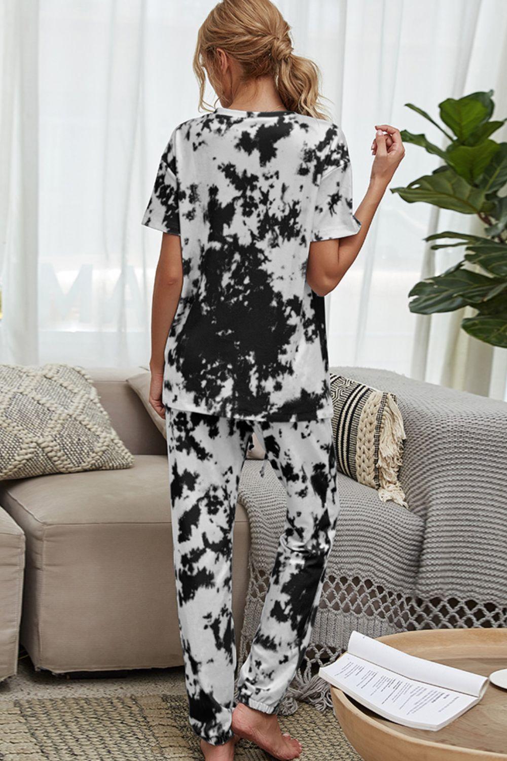 Shiny Tie-Dye Tee and Drawstring Waist Joggers Lounge Set - Clothes For Her Online Store