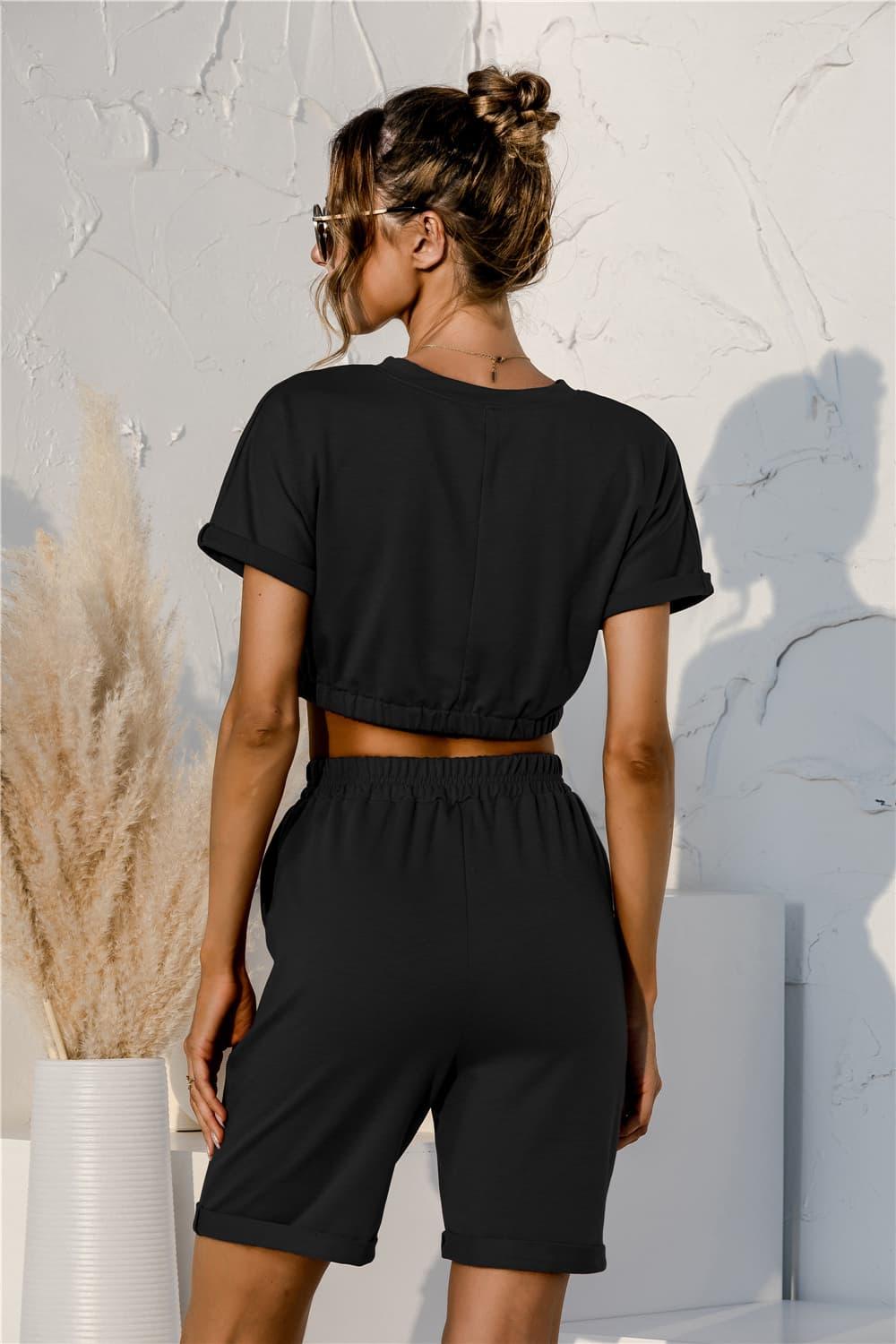 Short Sleeve Cropped Top and Drawstring Shorts Lounge Set - Clothes For Her Online Store