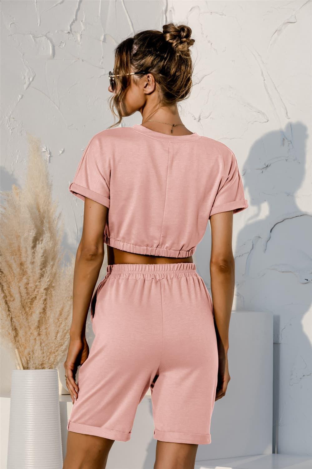 Short Sleeve Cropped Top and Drawstring Shorts Lounge Set - Clothes For Her Online Store