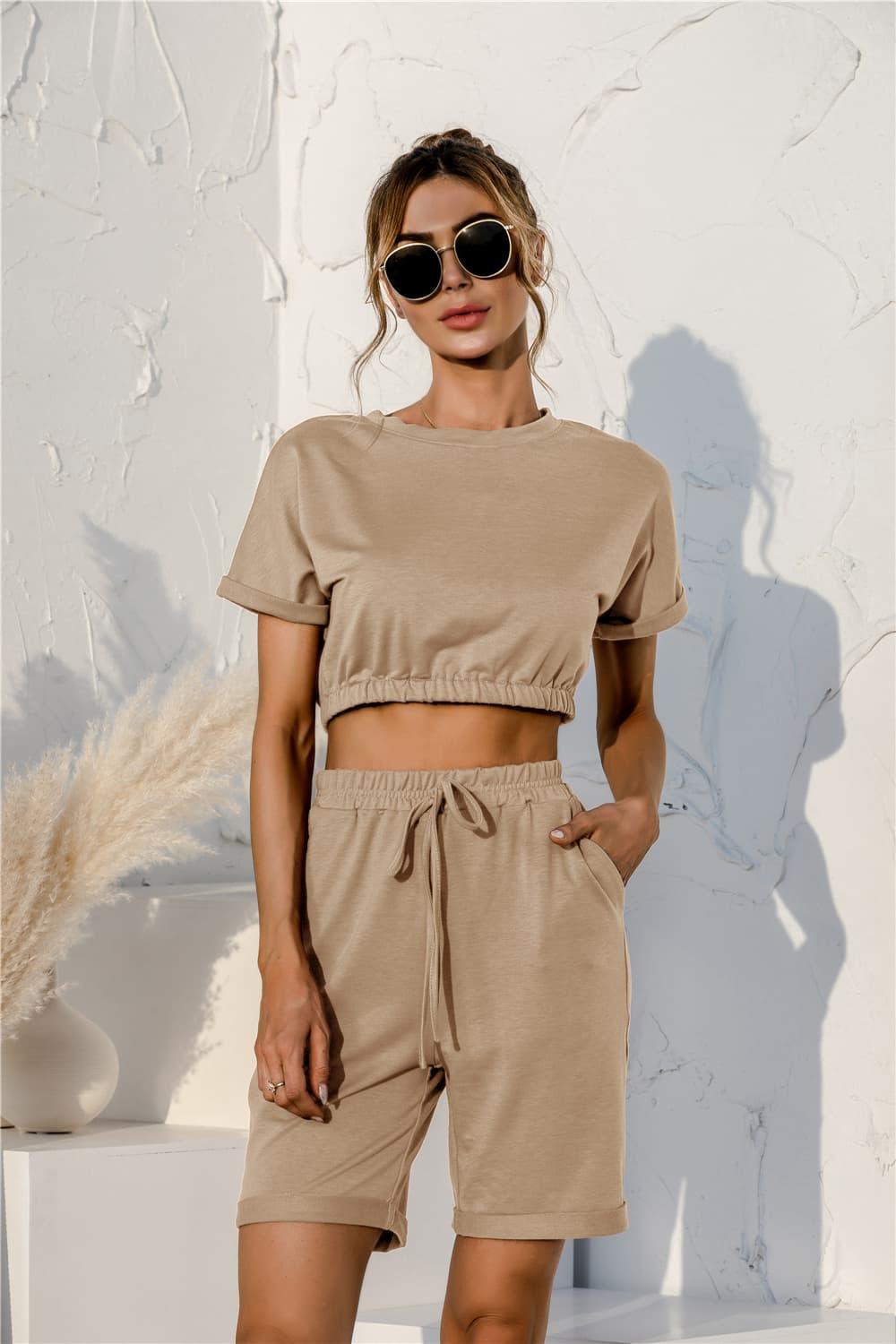 Short Sleeve Cropped Top and Drawstring Shorts Lounge Set - Clothes For Her Online Store