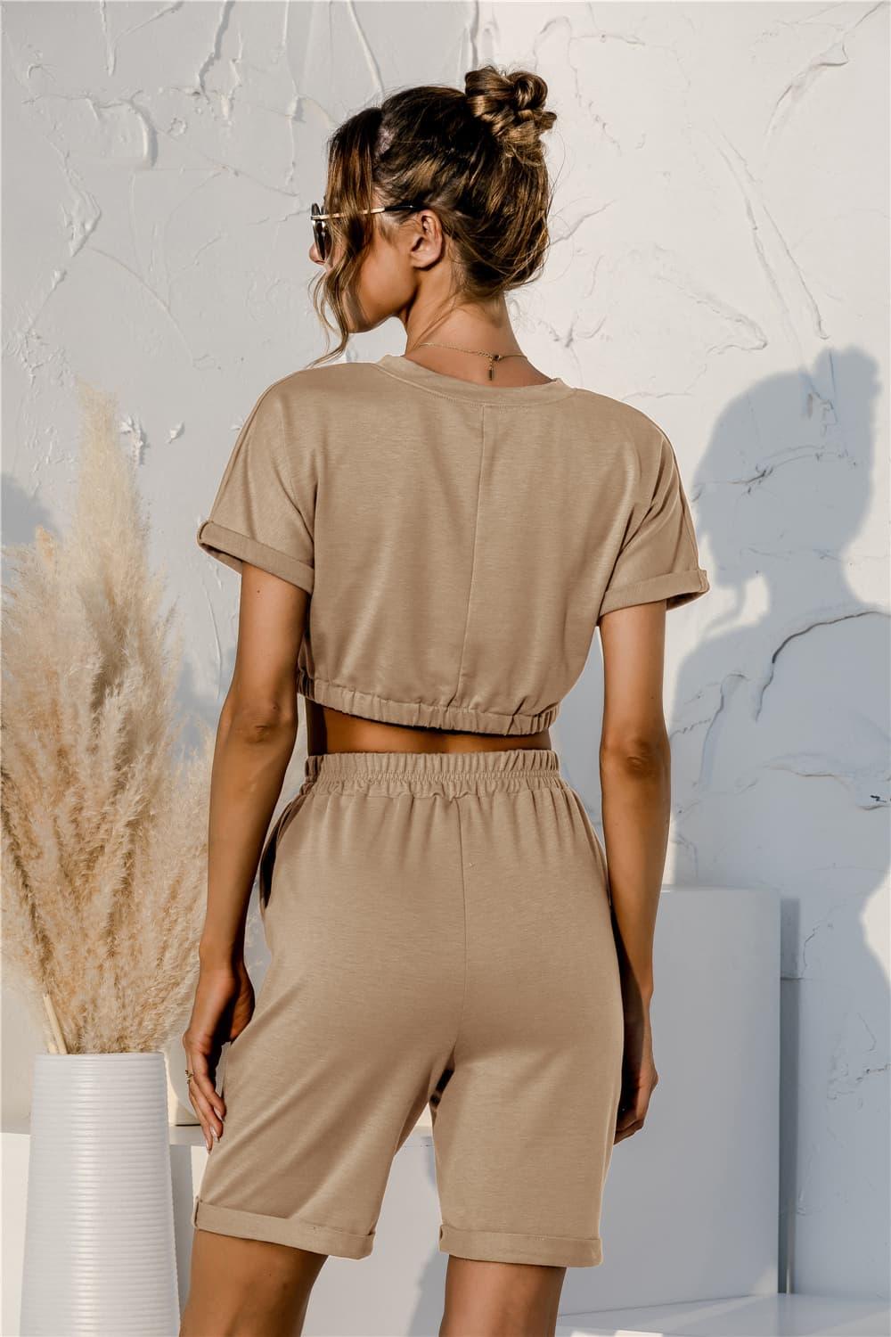 Short Sleeve Cropped Top and Drawstring Shorts Lounge Set - Clothes For Her Online Store