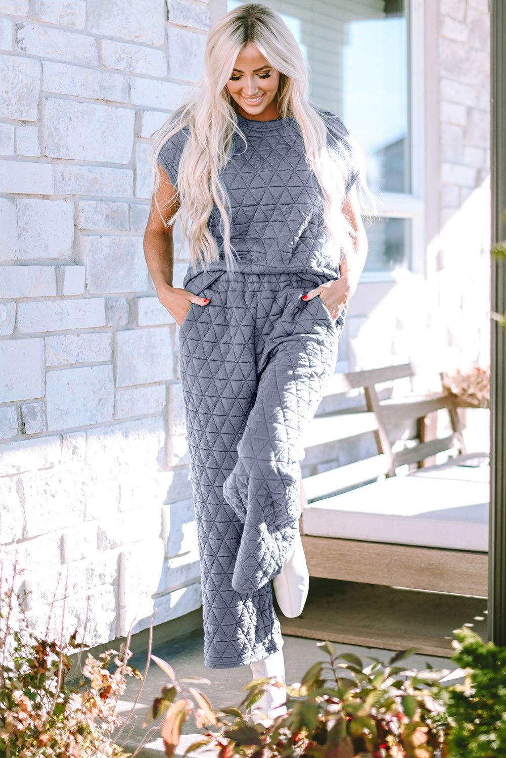Short Sleeve Top and Pocketed Pants Lounge Set - Clothes For Her Online Store
