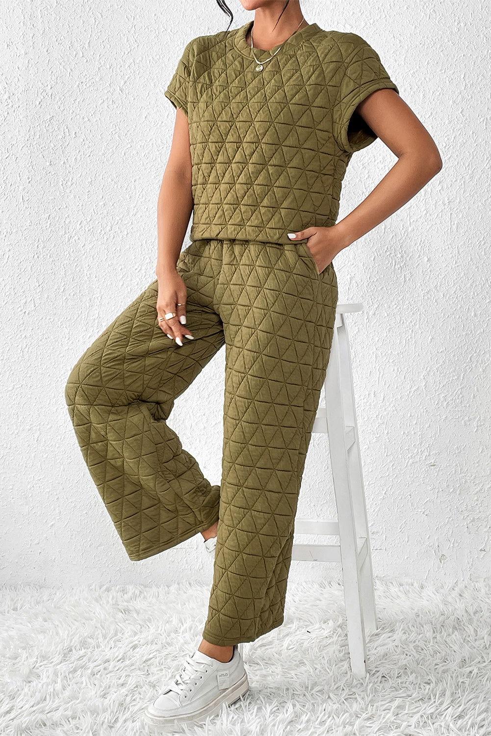 Short Sleeve Top and Pocketed Pants Lounge Set - Clothes For Her Online Store