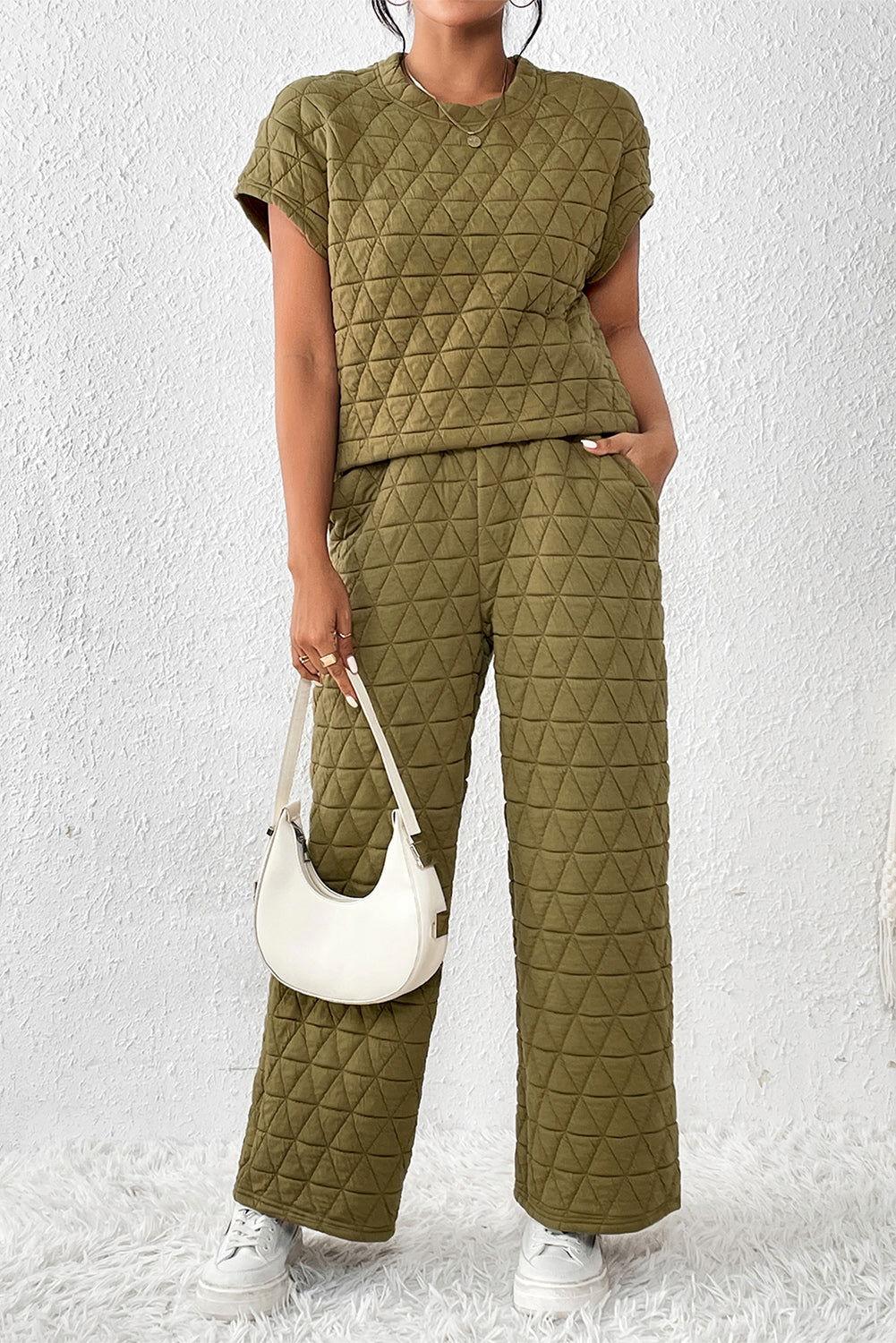 Short Sleeve Top and Pocketed Pants Lounge Set - Clothes For Her Online Store