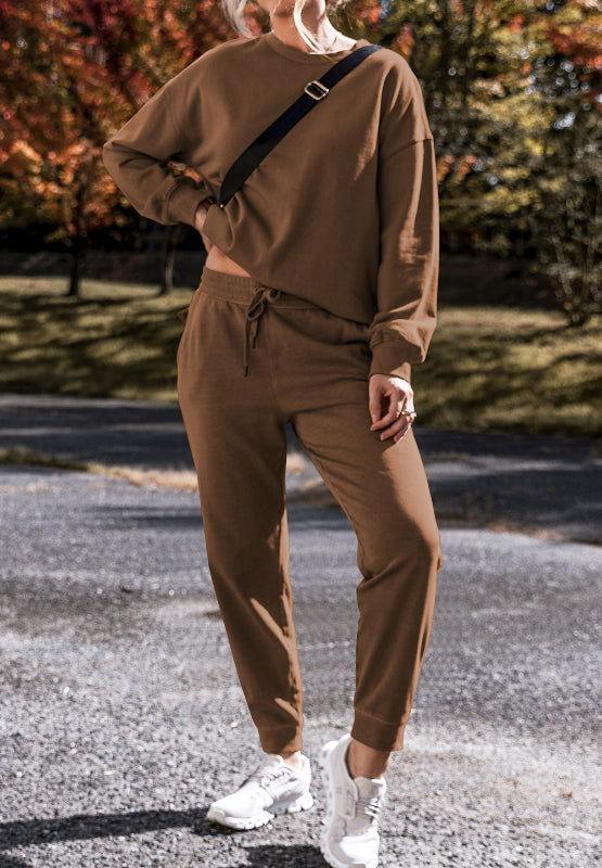 Side Slit Round Neck Long Sleeve Top and Pants Set - Clothes For Her Online Store
