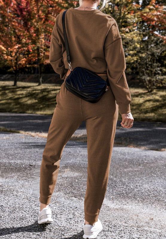 Side Slit Round Neck Long Sleeve Top and Pants Set - Clothes For Her Online Store