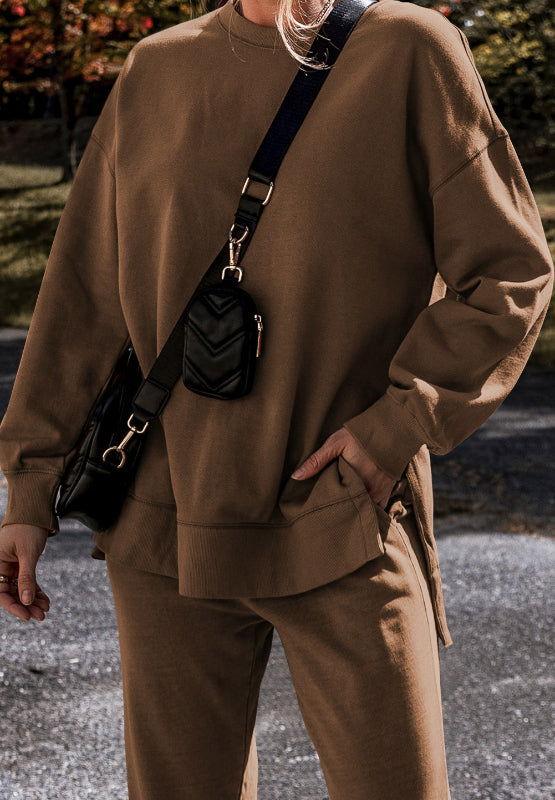 Side Slit Round Neck Long Sleeve Top and Pants Set - Clothes For Her Online Store