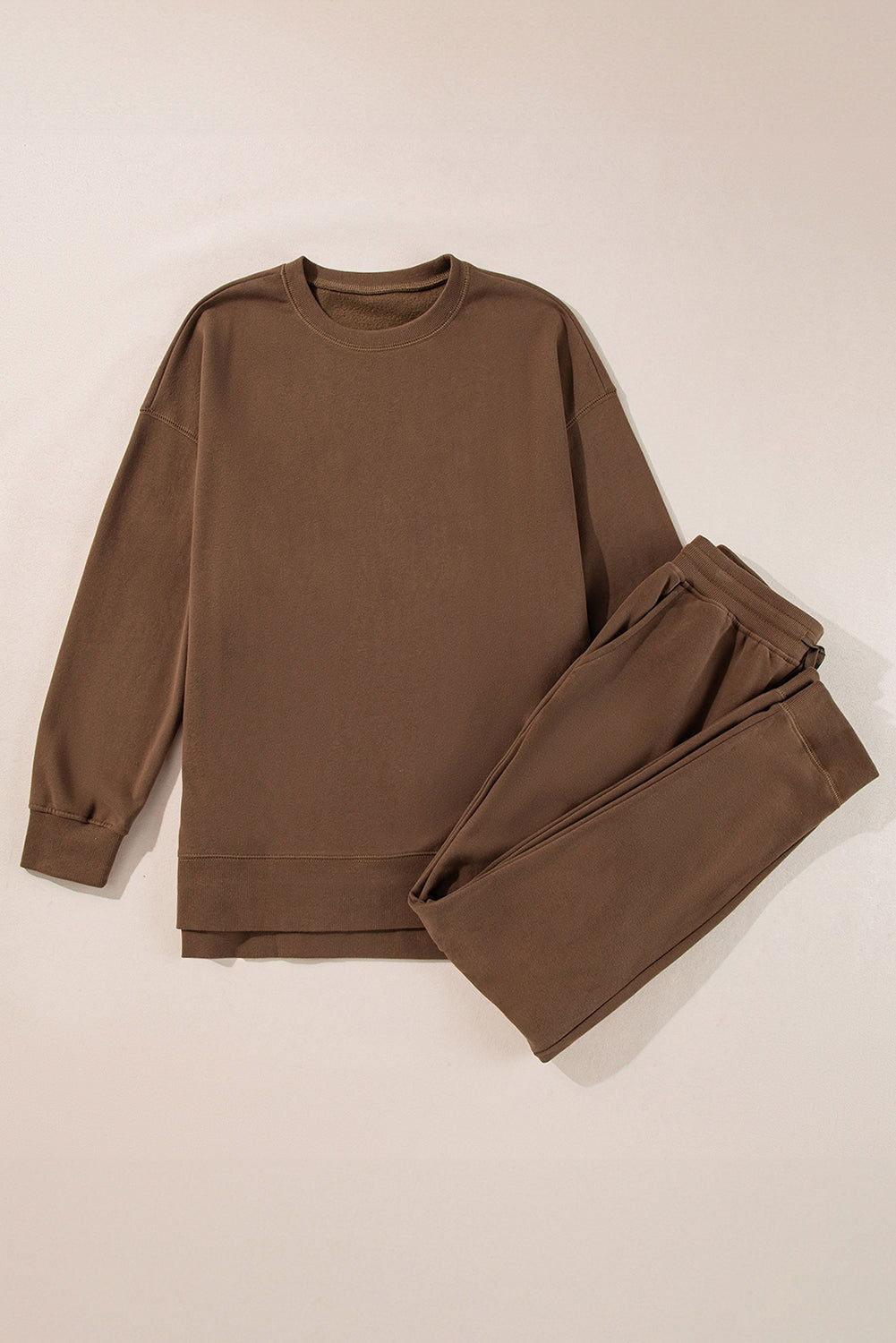 Side Slit Round Neck Long Sleeve Top and Pants Set - Clothes For Her Online Store