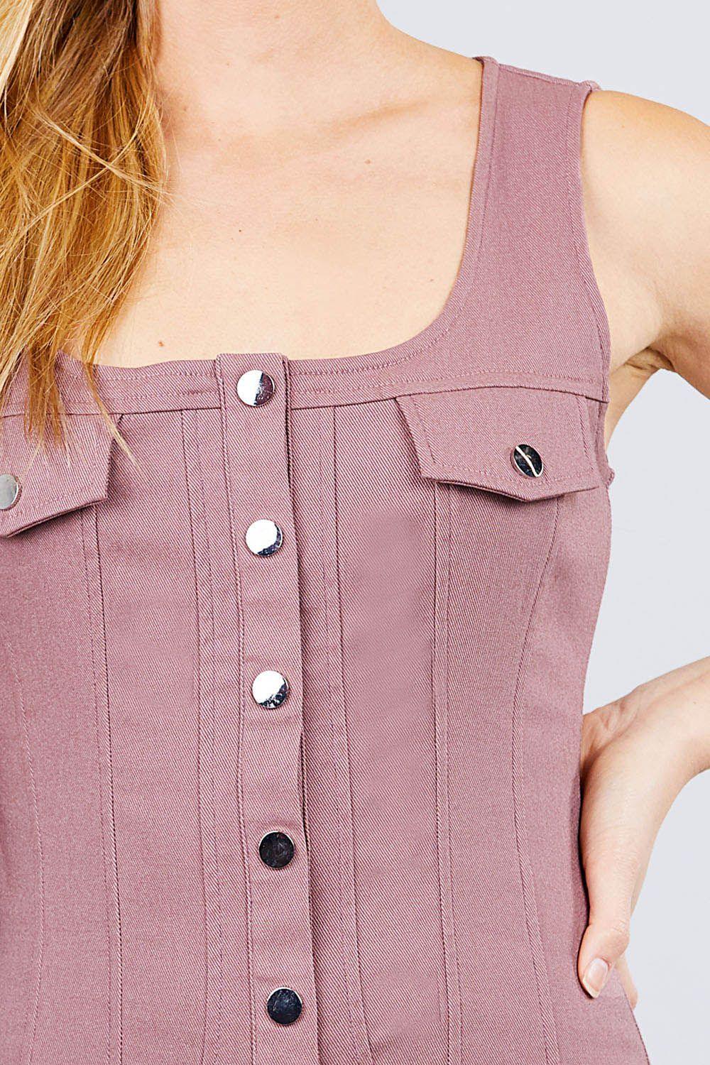 Sleeveless Deep Square Neck Button Down Detail Mini Woven Dress - Clothes For Her Online Store