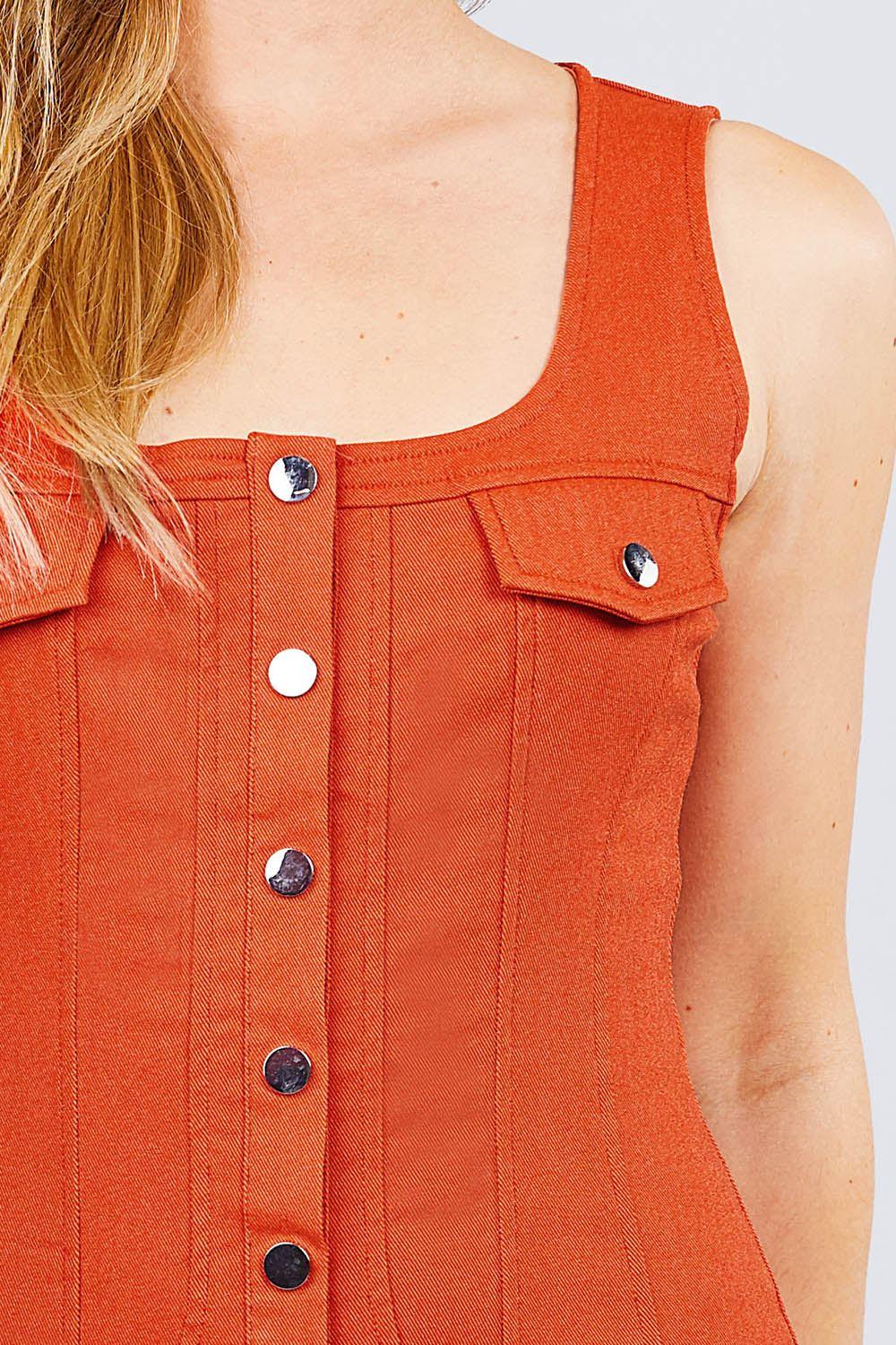Sleeveless Deep Square Neck Button Down Detail Mini Woven Dress - Clothes For Her Online Store