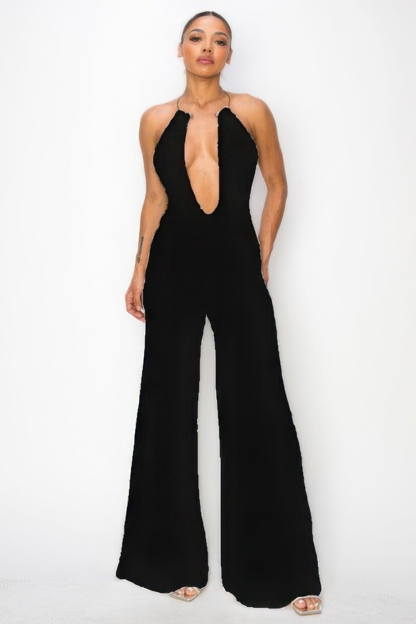 Slinky Wide Leg Jumpsuit W/metal Choker Necklace - Clothes For Her Online Store