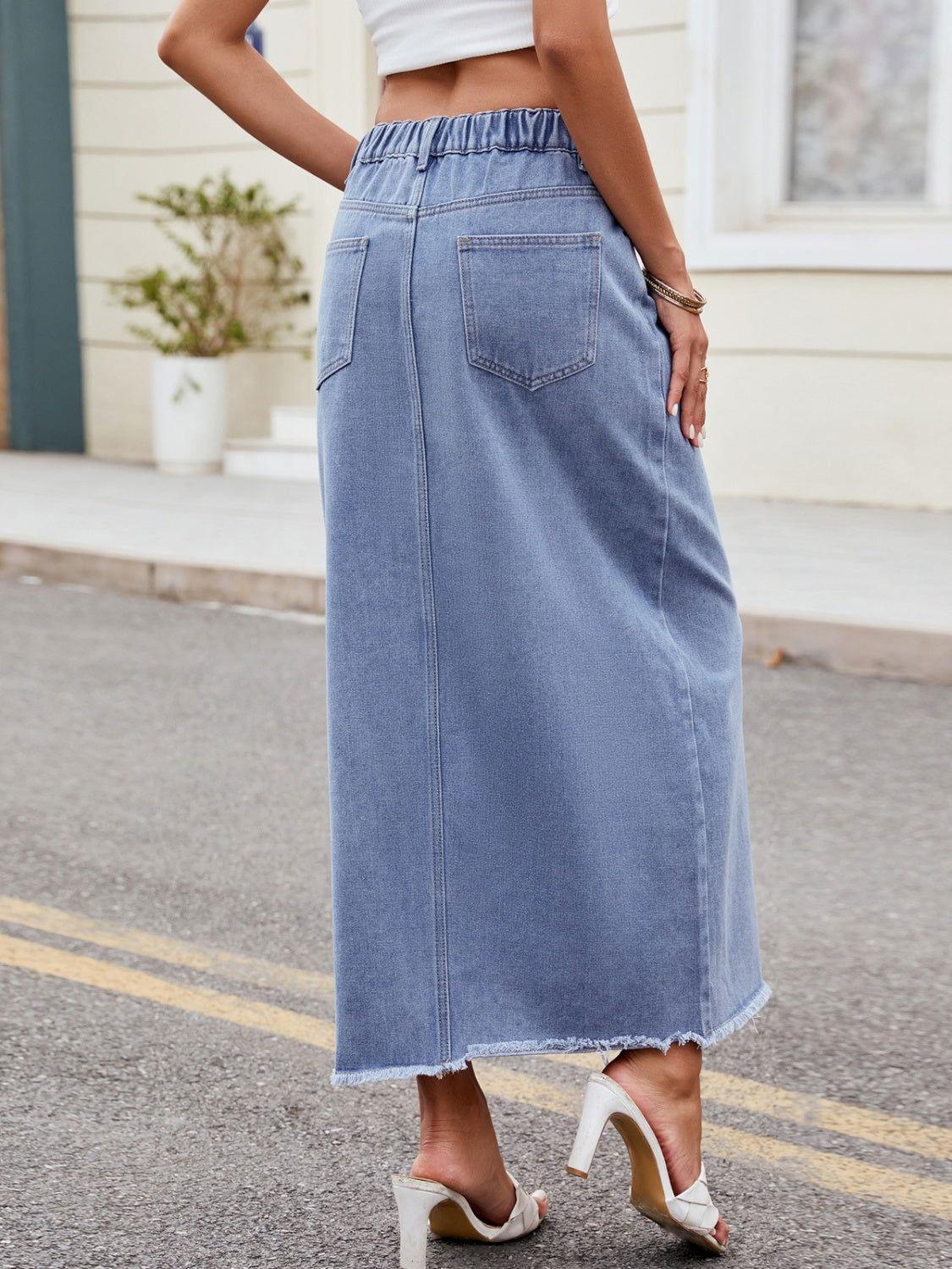 Slit Asymmetrical Waist Denim Skirt - Clothes For Her Online Store