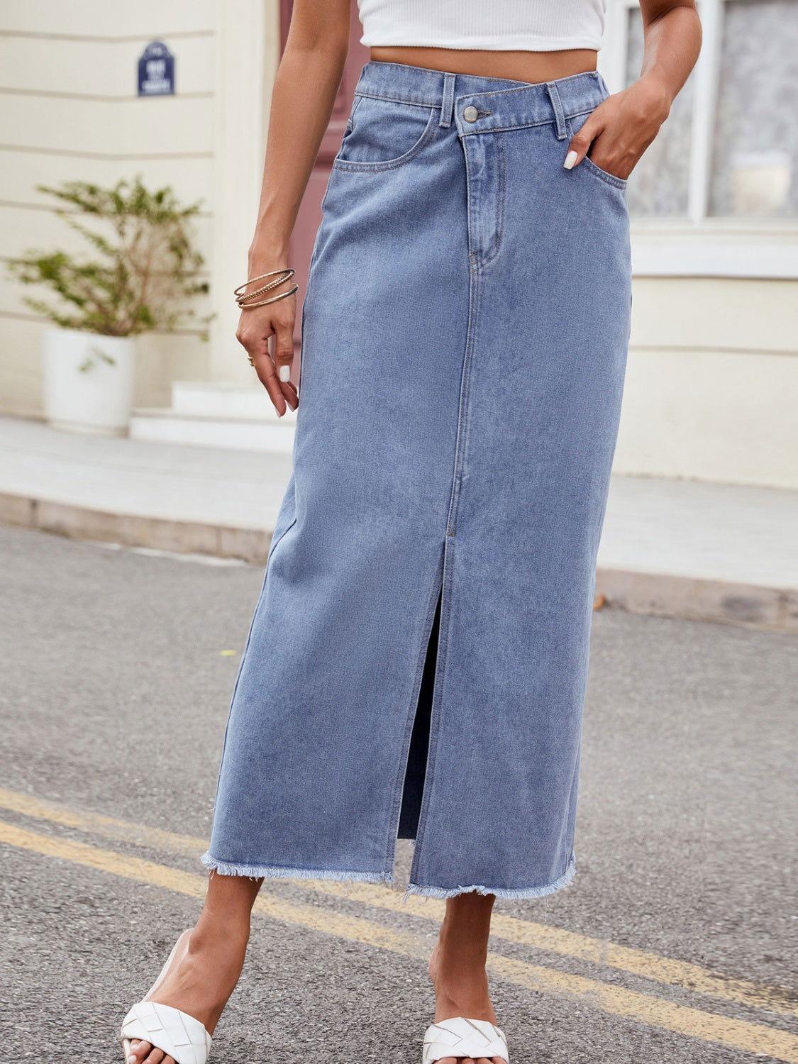 Slit Asymmetrical Waist Denim Skirt - Clothes For Her Online Store